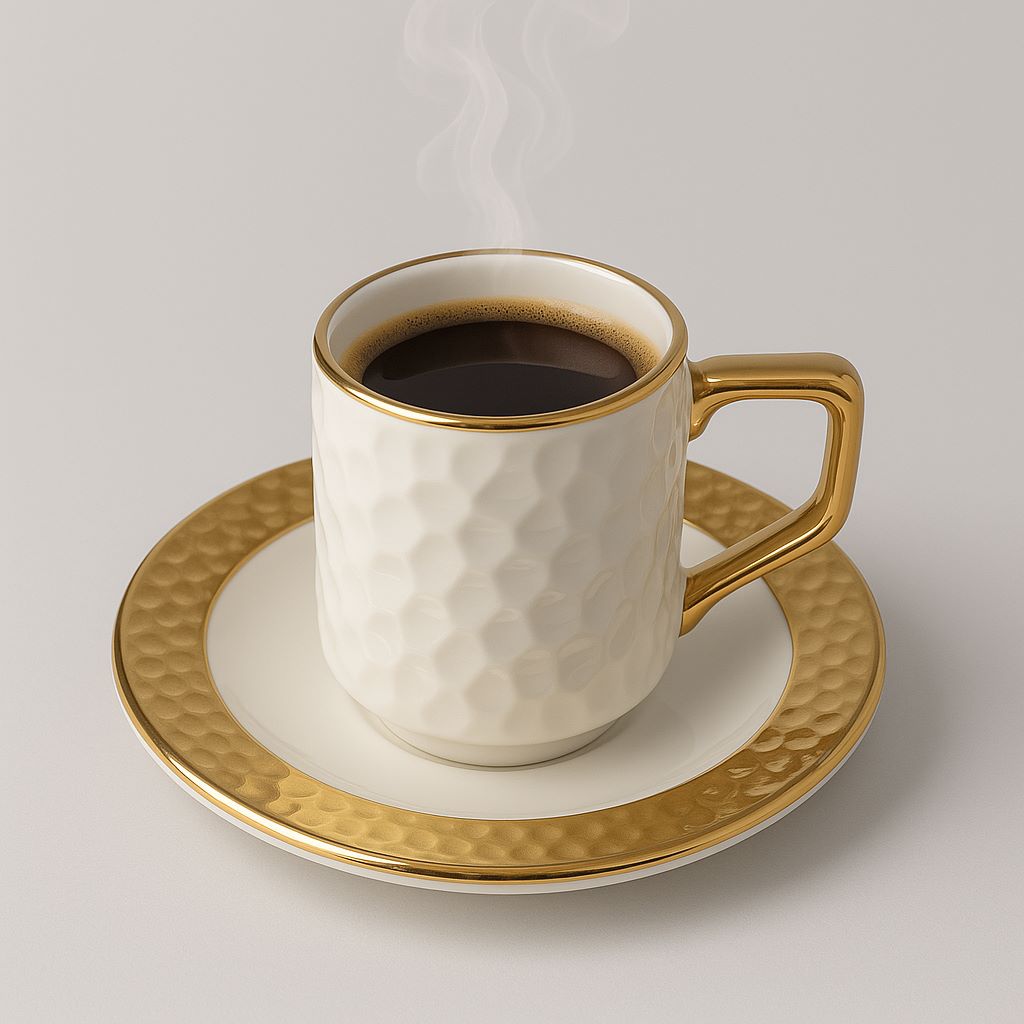 Luxury Hammered Coffee Cup with Saucer – White & Gold