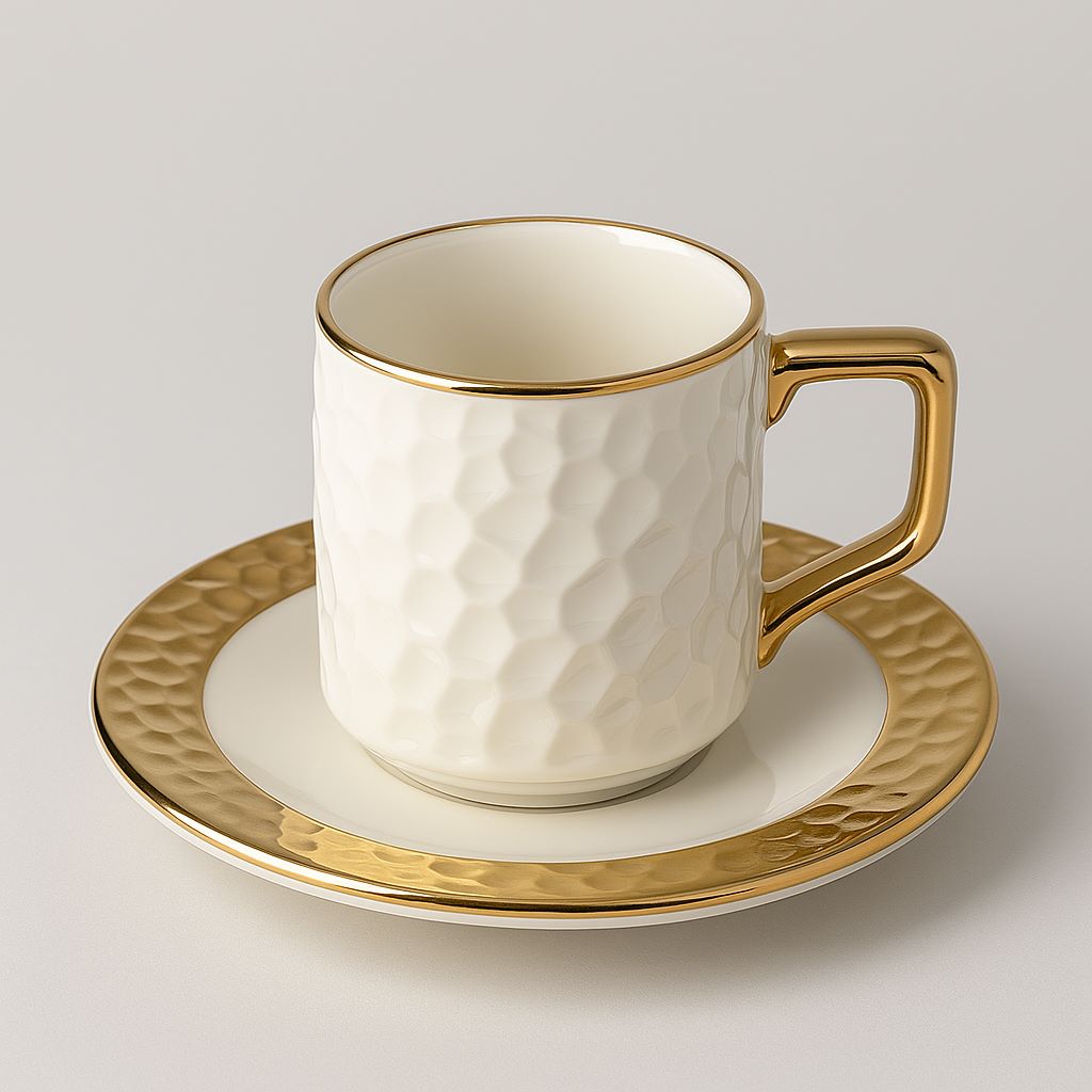 Luxury Hammered Coffee Cup with Saucer – White & Gold - Image 2