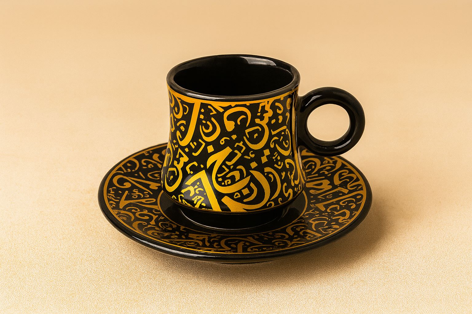 Arabic Calligraphy Black & Gold Coffee Cup with Saucer - Image 2