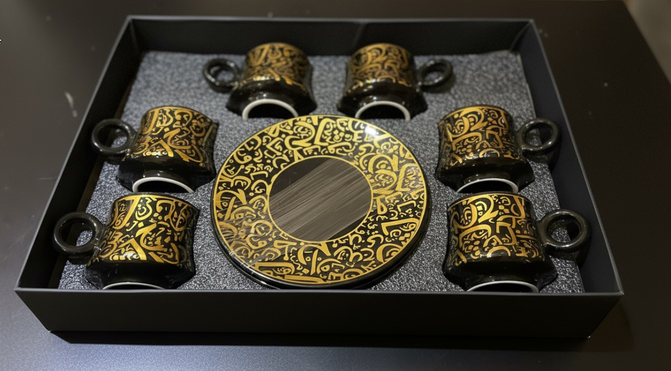 Arabic Calligraphy Black & Gold Coffee Cup with Saucer - Image 3