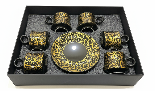 Arabic Calligraphy Black & Gold Coffee Cup with Saucer - Image 4