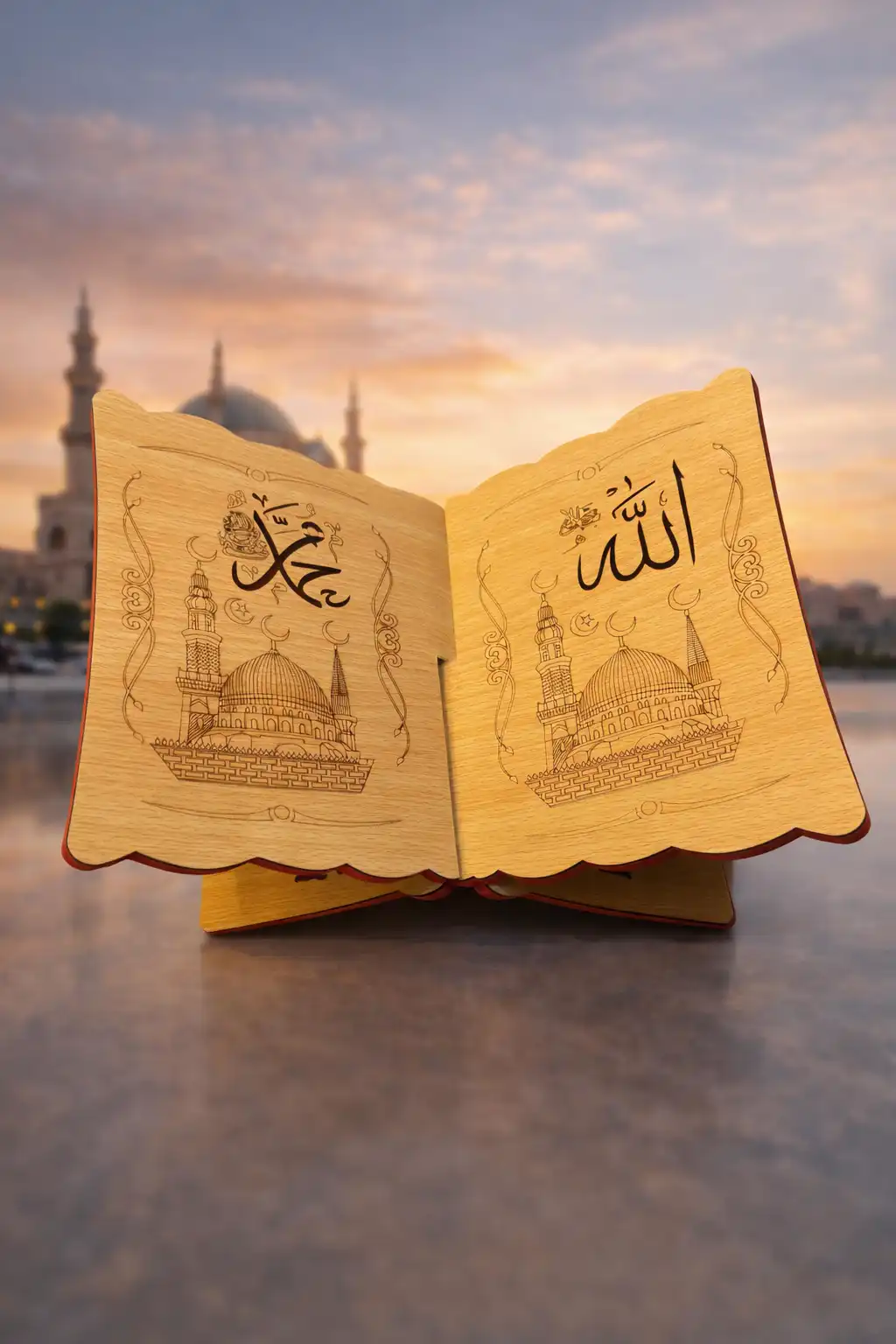 Islamic Wooden Quran Stand with Engraved Panels