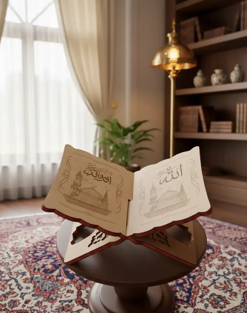 Islamic Wooden Quran Stand with Engraved Panels - Image 5