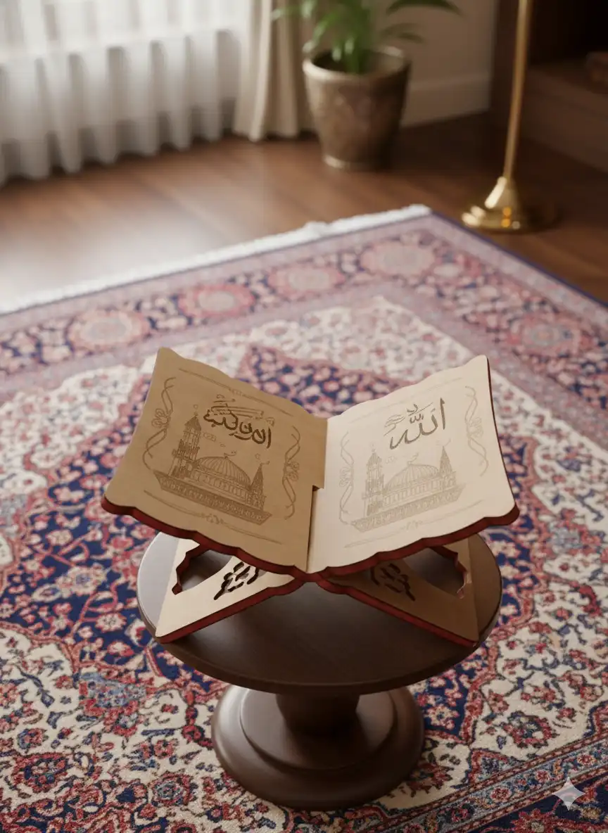 Islamic Wooden Quran Stand with Engraved Panels - Image 4
