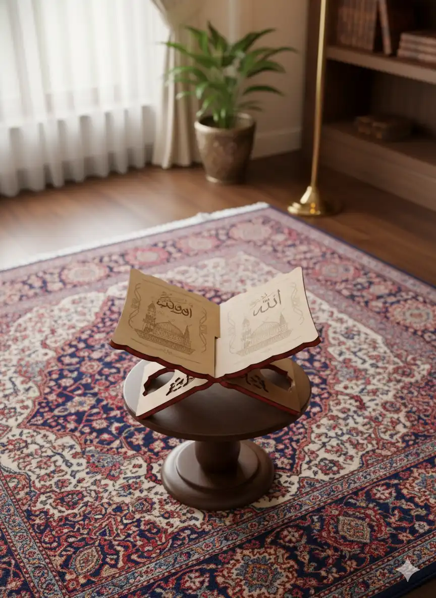 Islamic Wooden Quran Stand with Engraved Panels - Image 3