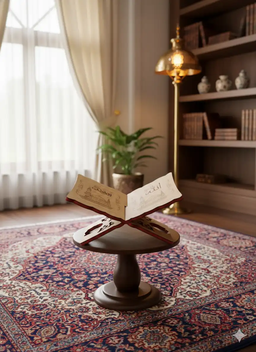 Islamic Wooden Quran Stand with Engraved Panels - Image 2