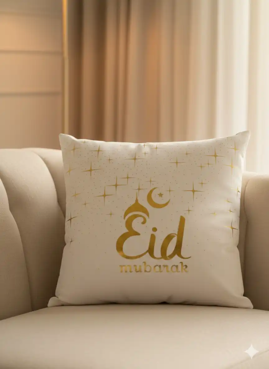 Eid Mubarak Cushion Cover – White & Gold