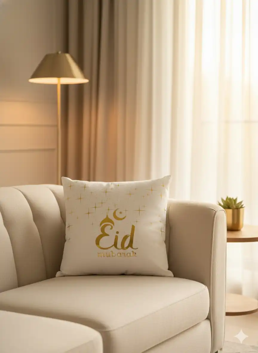 Eid Mubarak Cushion Cover – White & Gold - Image 2