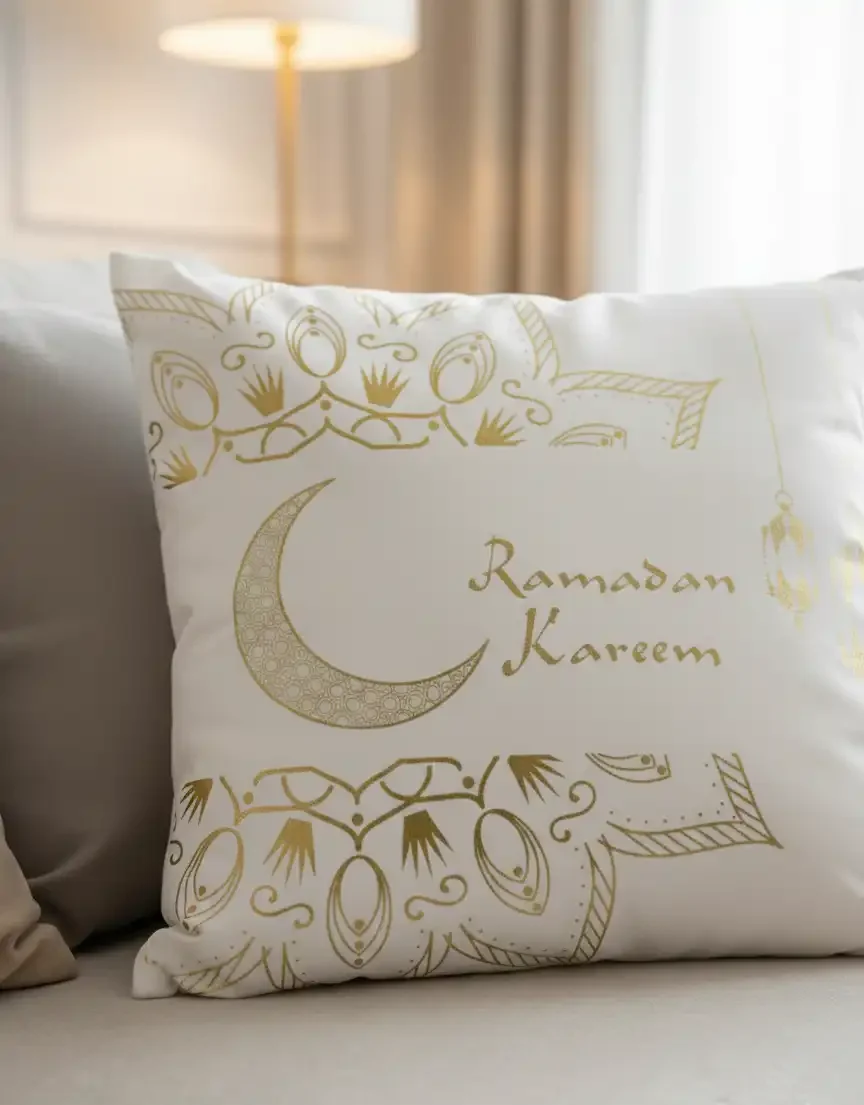 Ramadan Kareem Cushion Cover – White & Gold