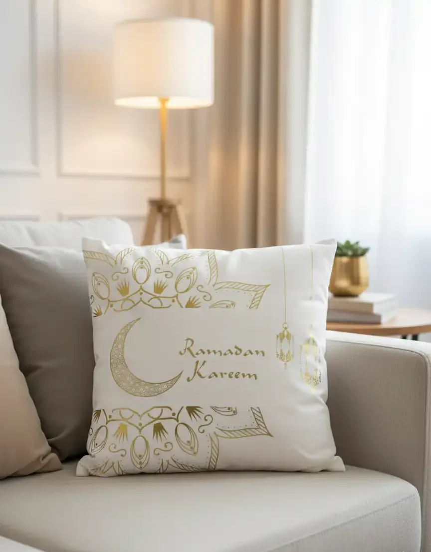Ramadan Kareem Cushion Cover – White & Gold - Image 2