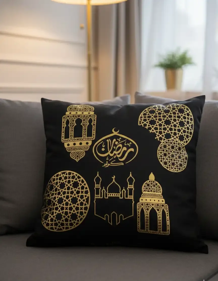 Ramadan Lantern & Mosque Cushion Cover – Black & Gold