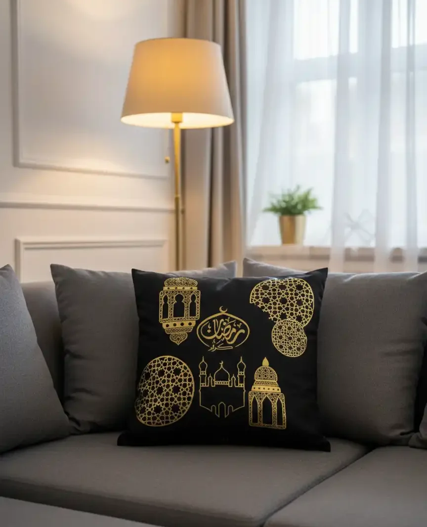Ramadan Lantern & Mosque Cushion Cover – Black & Gold - Image 2
