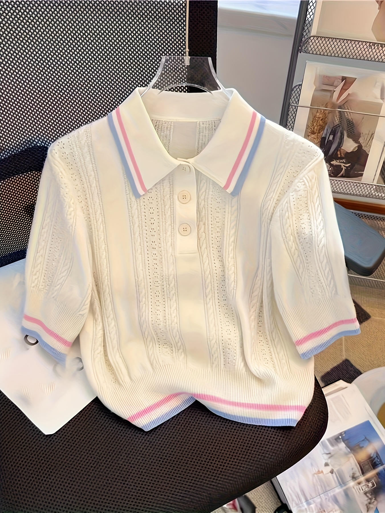 Elegant French-Style Polo Collar Top for Women | Summer New Release, Academy Casual Versatile, Striped Pattern