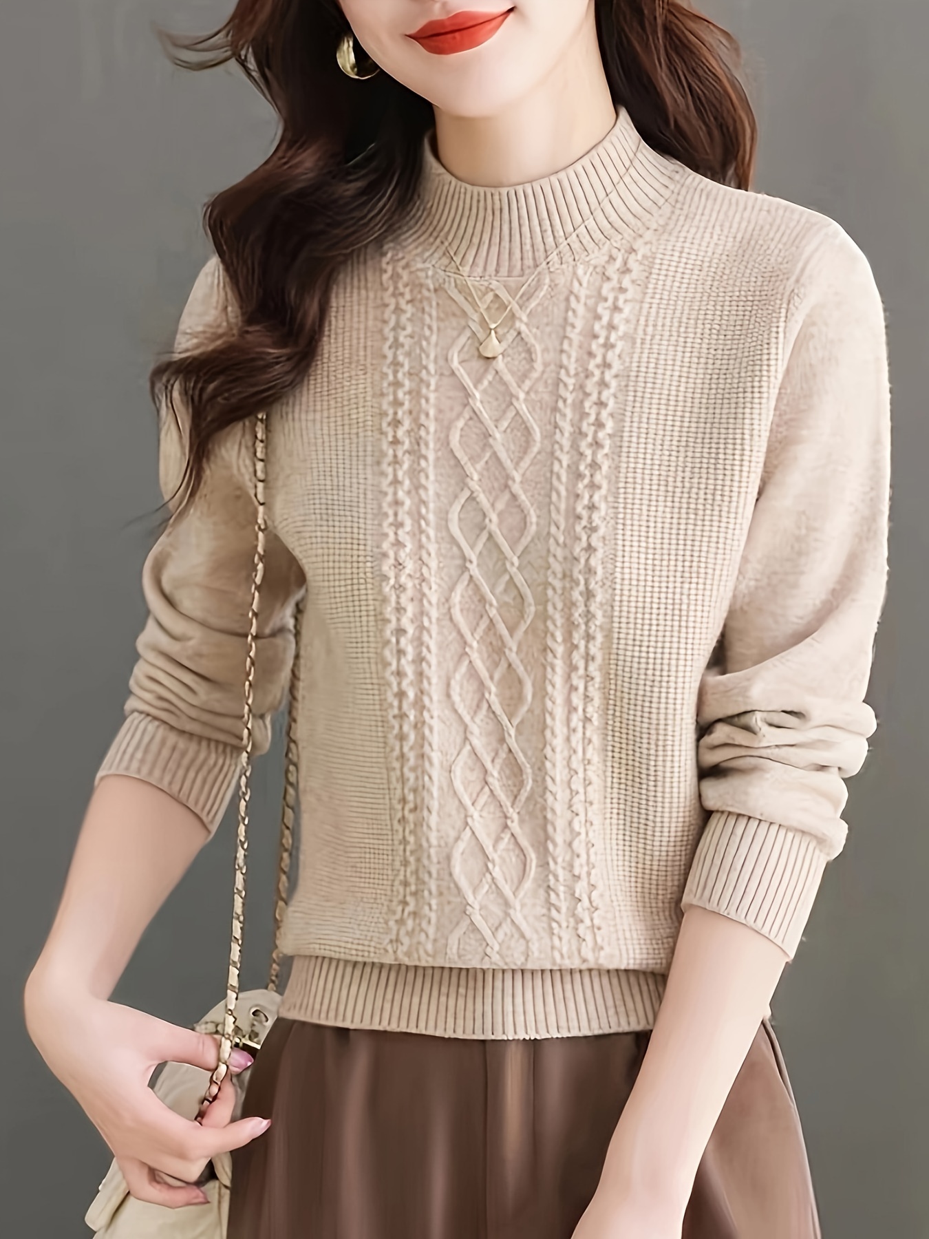 Argyle Cable Knit Mock Neck Sweater, Casual Long Sleeve Sweater For Fall & Winter, Women's Clothing - Image 2