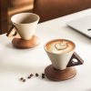 1pc 100ml/250ml Ceramic Coffee Cup with Wooden Handle & Coaster