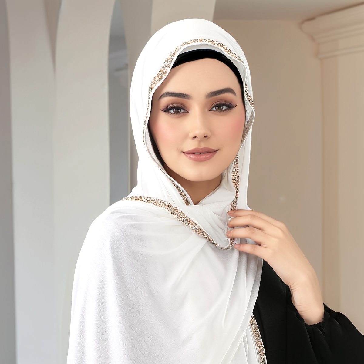 New Rhinestone-embellished Long Scarf, Made of Skin-friendly and Soft Fabric. This Hijab-style Long Scarf Is Suitable for Muslim Women to Wear During and Daily Activities for Prayer. Available in Two Classic Colors: Black and White - Image 4