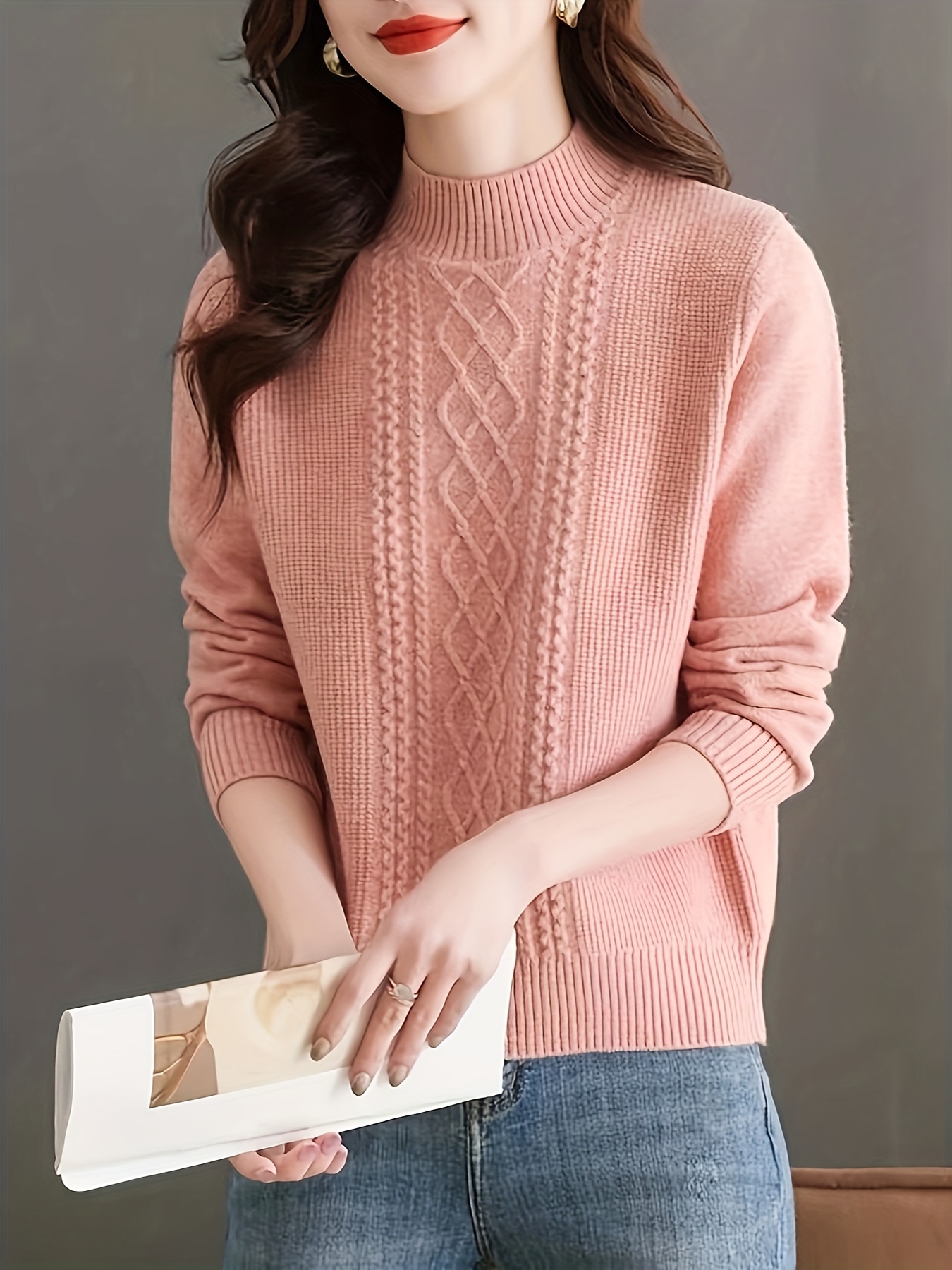 Argyle Cable Knit Mock Neck Sweater, Casual Long Sleeve Sweater For Fall & Winter, Women's Clothing - Image 5