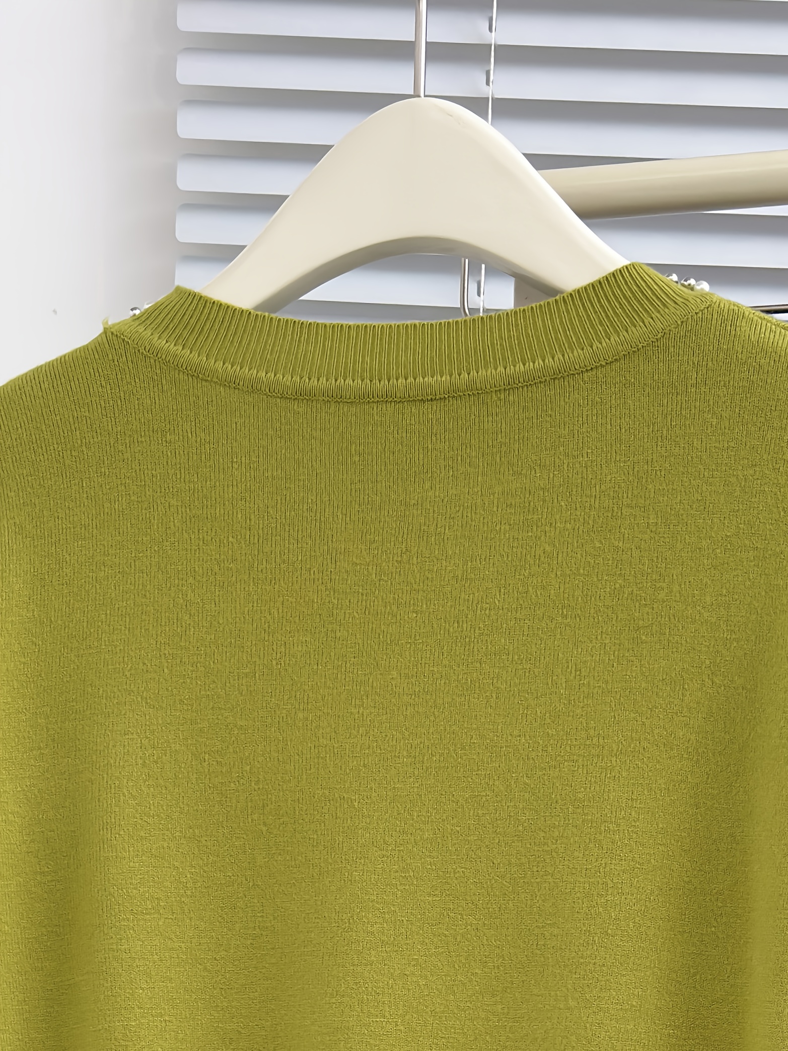 Women'S Elegant Long Sleeve Beaded Top - Olive Green Round Neck Pullover with Pearl Embellishments, Stretchy Casual Chic Sweater for Fall & Winter, Versatile Layering Piece, Winter Apparel | Pearl Embellished Top | Construction, Sweater Dress - Image 6