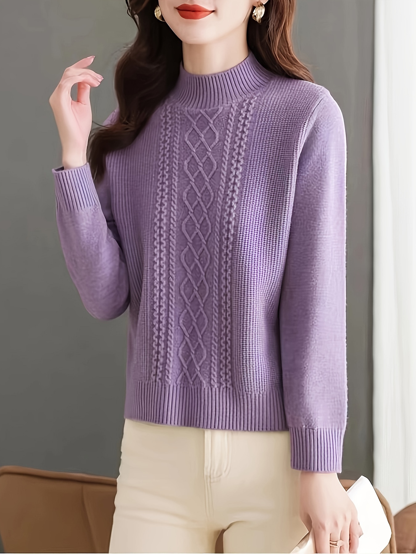 Argyle Cable Knit Mock Neck Sweater, Casual Long Sleeve Sweater For Fall & Winter, Women's Clothing - Image 7