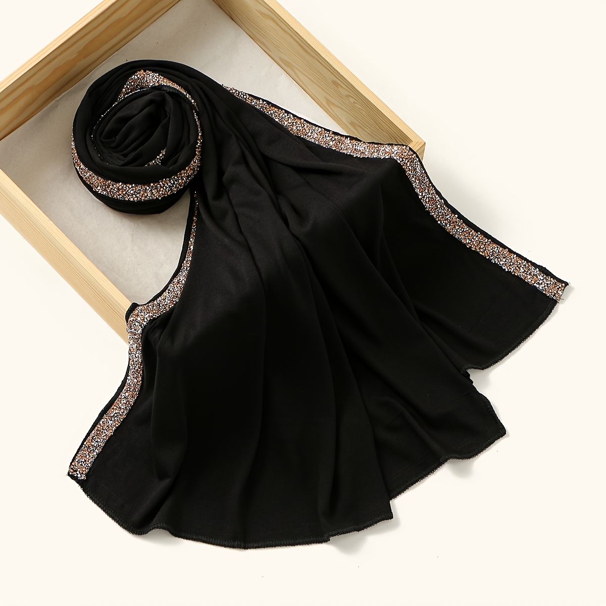 New Rhinestone-embellished Long Scarf, Made of Skin-friendly and Soft Fabric. This Hijab-style Long Scarf Is Suitable for Muslim Women to Wear During and Daily Activities for Prayer. Available in Two Classic Colors: Black and White - Image 3