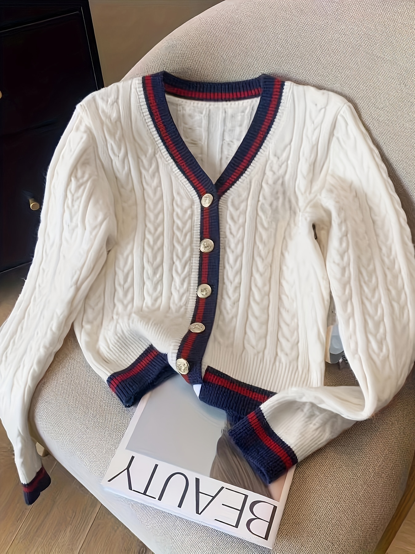 Elegant Women'S Cardigan | V-neck with Color Block Design, Long Sleeve, Medium Stretch Fabric, Suitable for Daily Commute and Streetwear - Image 9