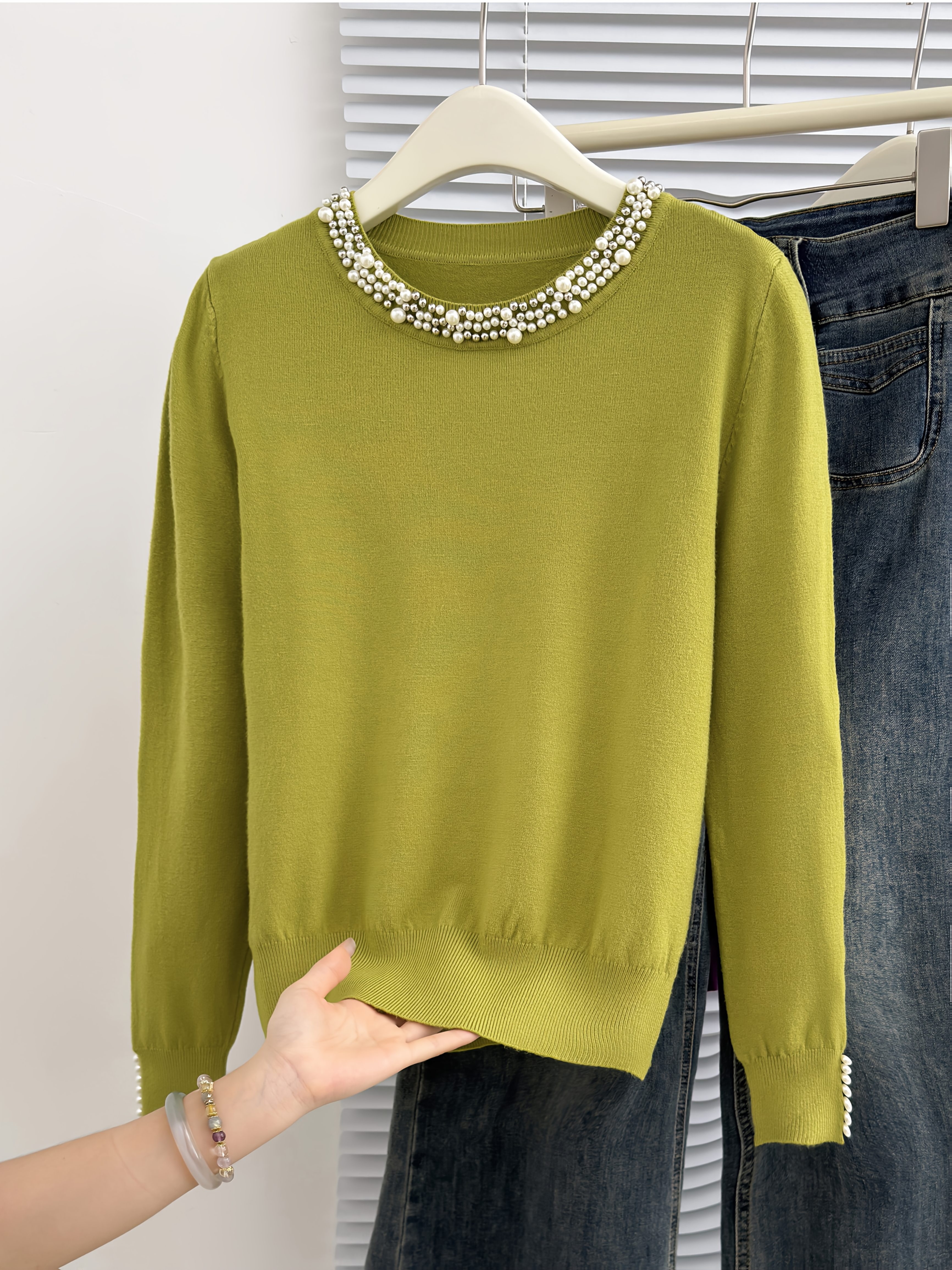 Women'S Elegant Long Sleeve Beaded Top - Olive Green Round Neck Pullover with Pearl Embellishments, Stretchy Casual Chic Sweater for Fall & Winter, Versatile Layering Piece, Winter Apparel | Pearl Embellished Top | Construction, Sweater Dress