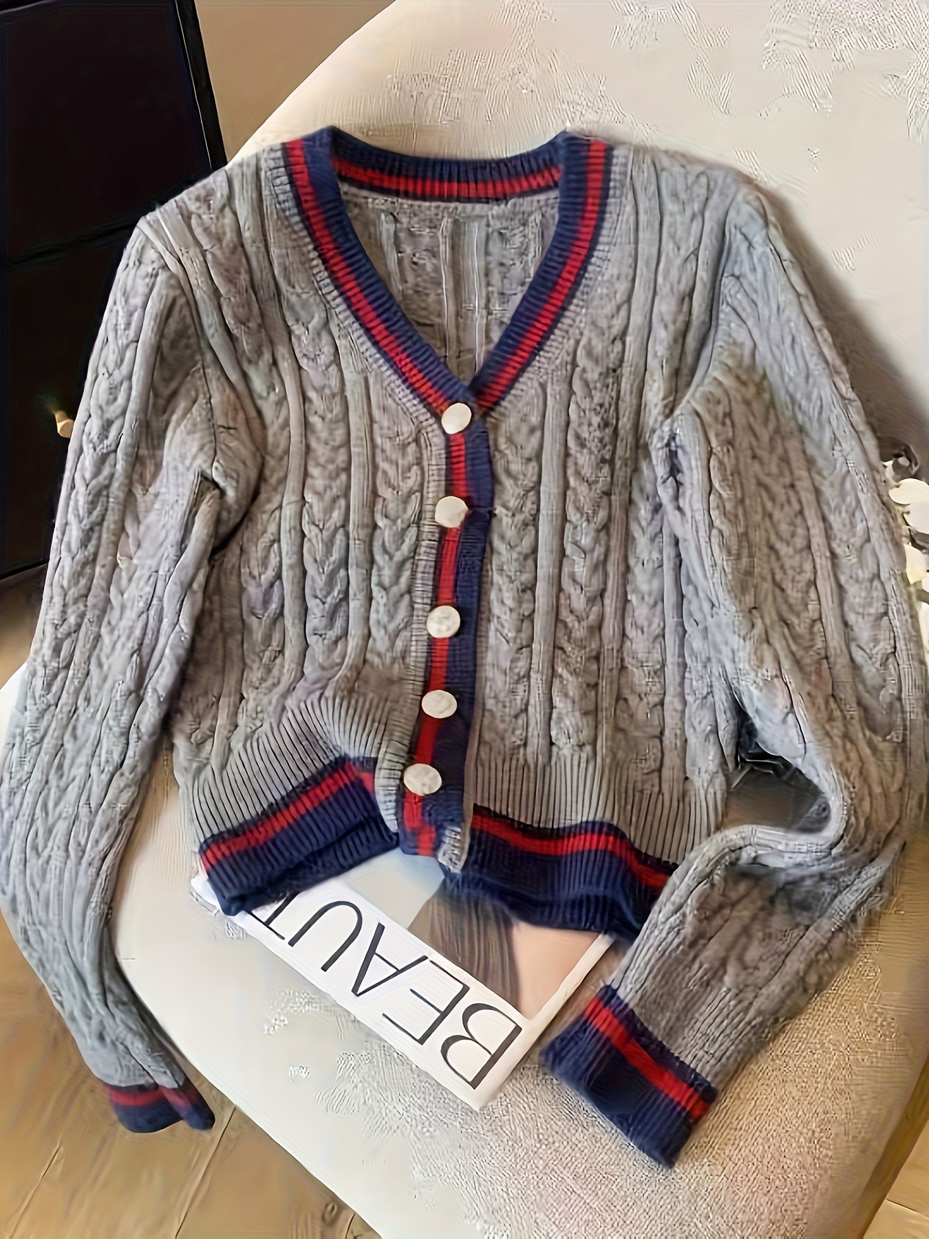 Elegant Women'S Cardigan | V-neck with Color Block Design, Long Sleeve, Medium Stretch Fabric, Suitable for Daily Commute and Streetwear - Image 2