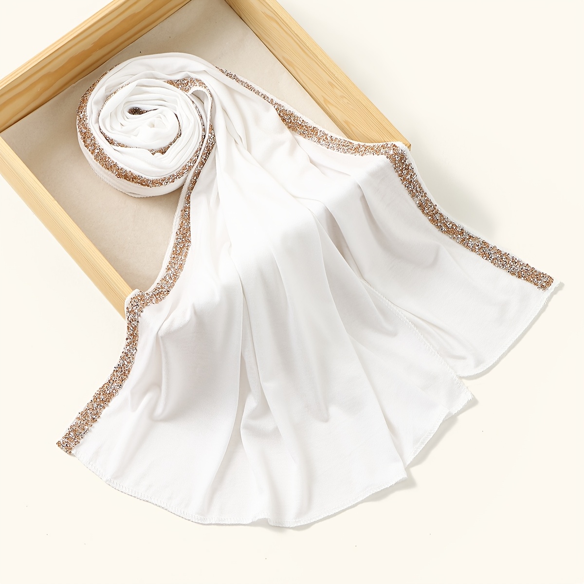 New Rhinestone-embellished Long Scarf, Made of Skin-friendly and Soft Fabric. This Hijab-style Long Scarf Is Suitable for Muslim Women to Wear During and Daily Activities for Prayer. Available in Two Classic Colors: Black and White - Image 5