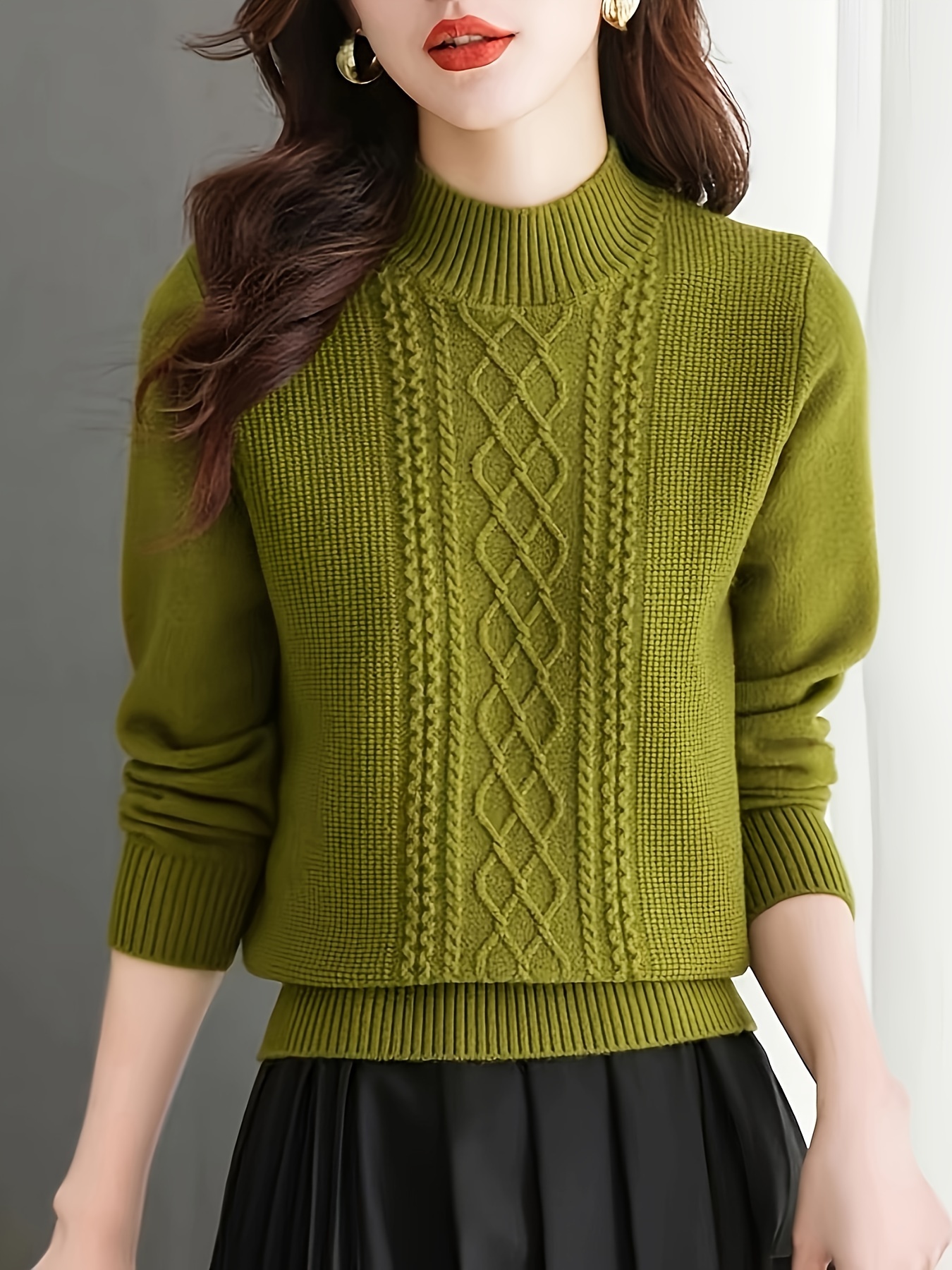 Argyle Cable Knit Mock Neck Sweater, Casual Long Sleeve Sweater For Fall & Winter, Women's Clothing - Image 8