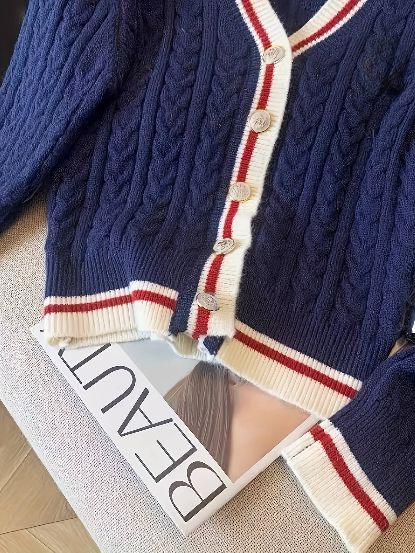 Elegant Women'S Cardigan | V-neck with Color Block Design, Long Sleeve, Medium Stretch Fabric, Suitable for Daily Commute and Streetwear - Image 8