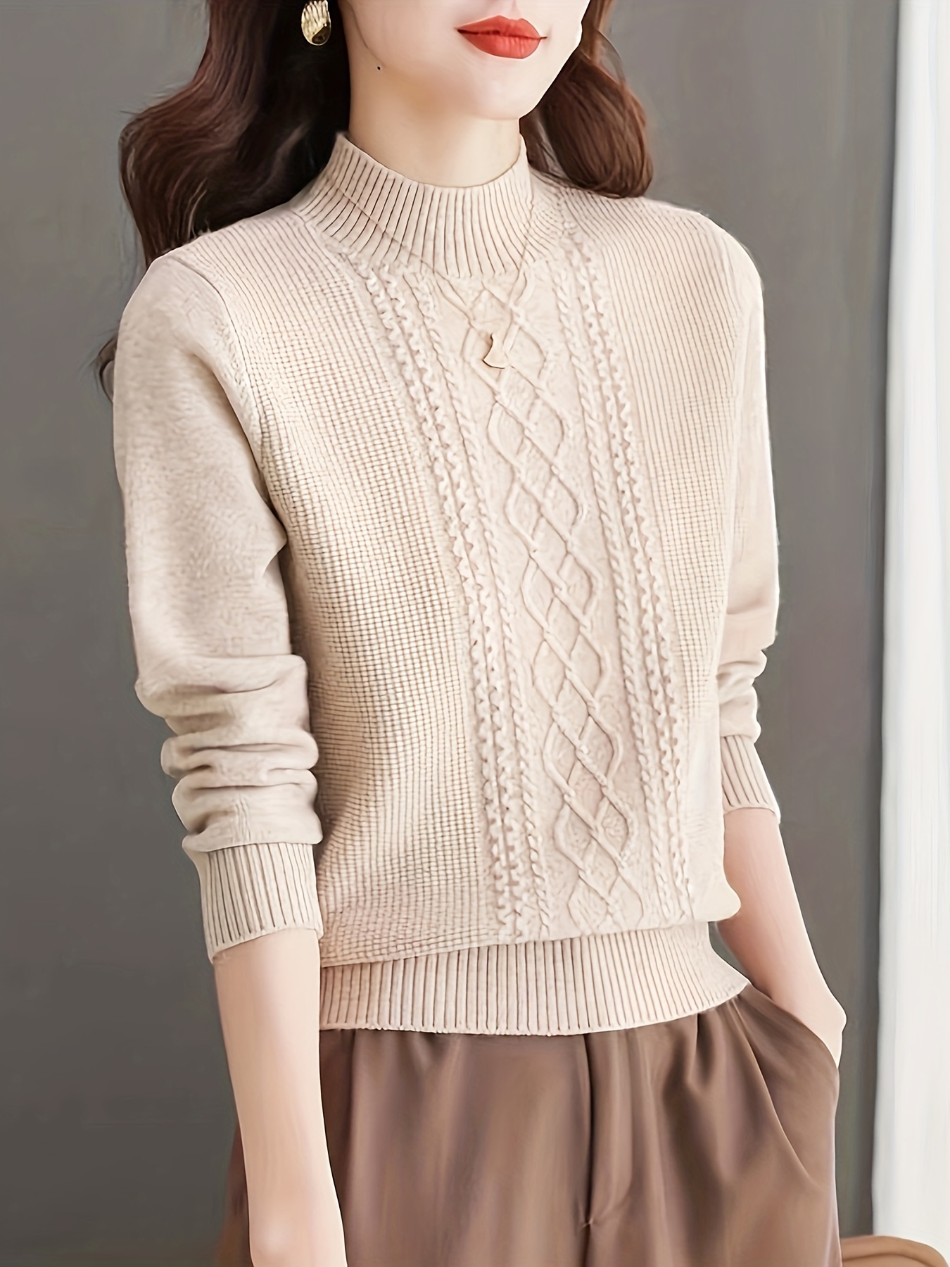 Argyle Cable Knit Mock Neck Sweater, Casual Long Sleeve Sweater For Fall & Winter, Women's Clothing - Image 6