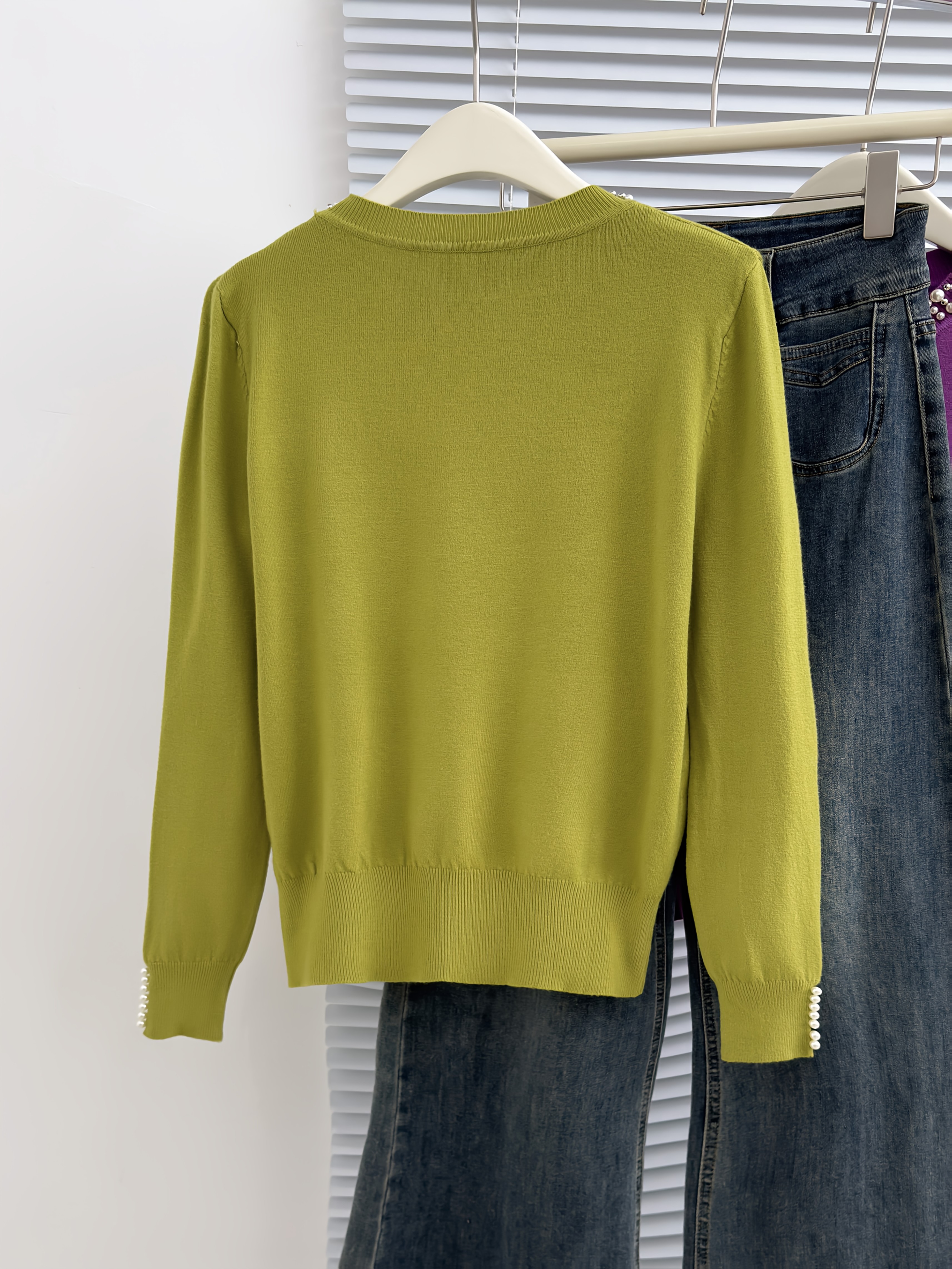 Women'S Elegant Long Sleeve Beaded Top - Olive Green Round Neck Pullover with Pearl Embellishments, Stretchy Casual Chic Sweater for Fall & Winter, Versatile Layering Piece, Winter Apparel | Pearl Embellished Top | Construction, Sweater Dress - Image 2