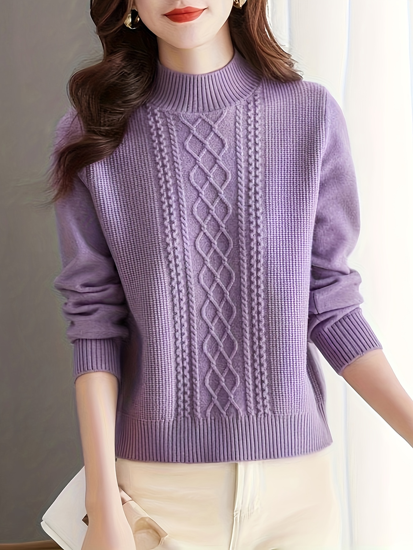 Argyle Cable Knit Mock Neck Sweater, Casual Long Sleeve Sweater For Fall & Winter, Women's Clothing - Image 3