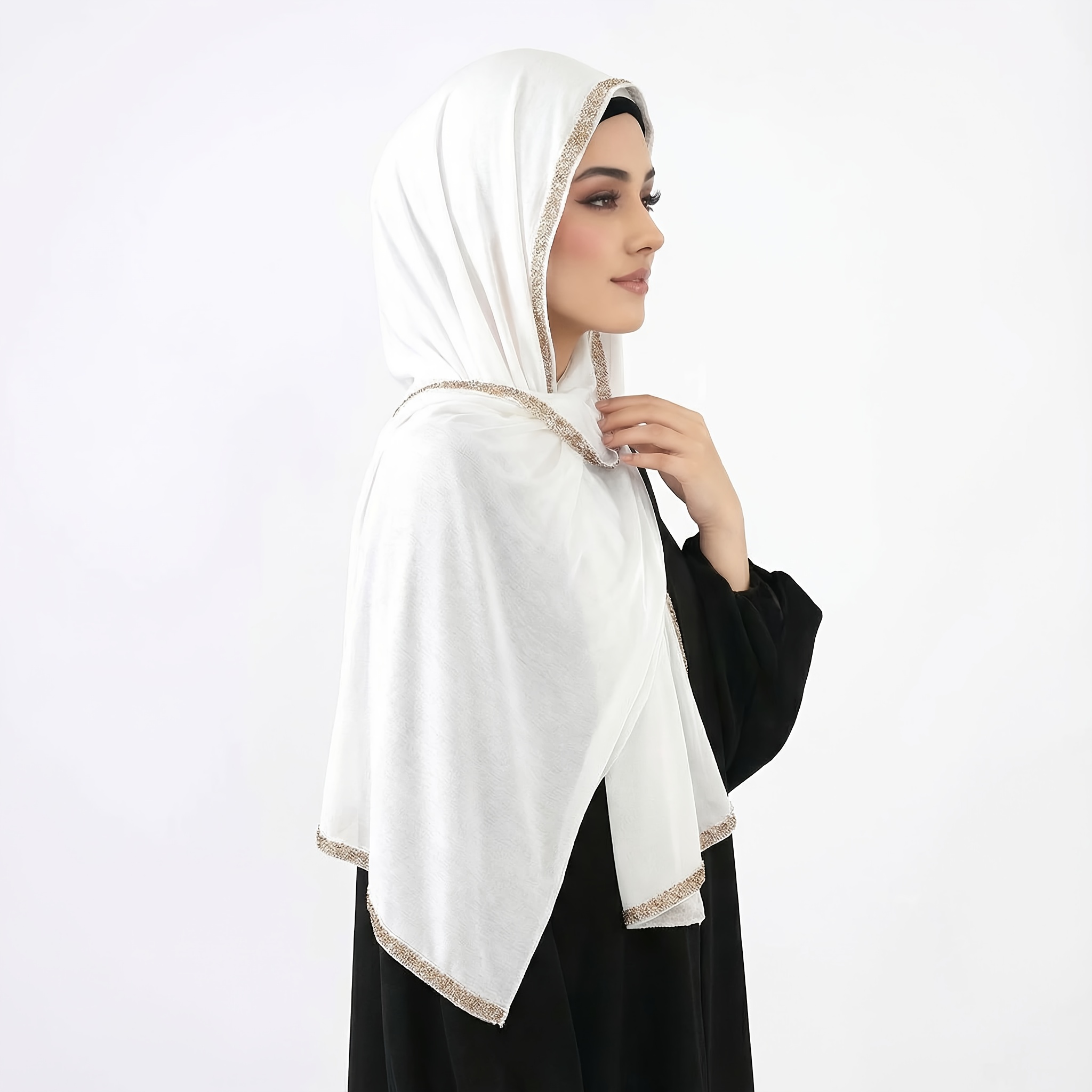 New Rhinestone-embellished Long Scarf, Made of Skin-friendly and Soft Fabric. This Hijab-style Long Scarf Is Suitable for Muslim Women to Wear During and Daily Activities for Prayer. Available in Two Classic Colors: Black and White - Image 2