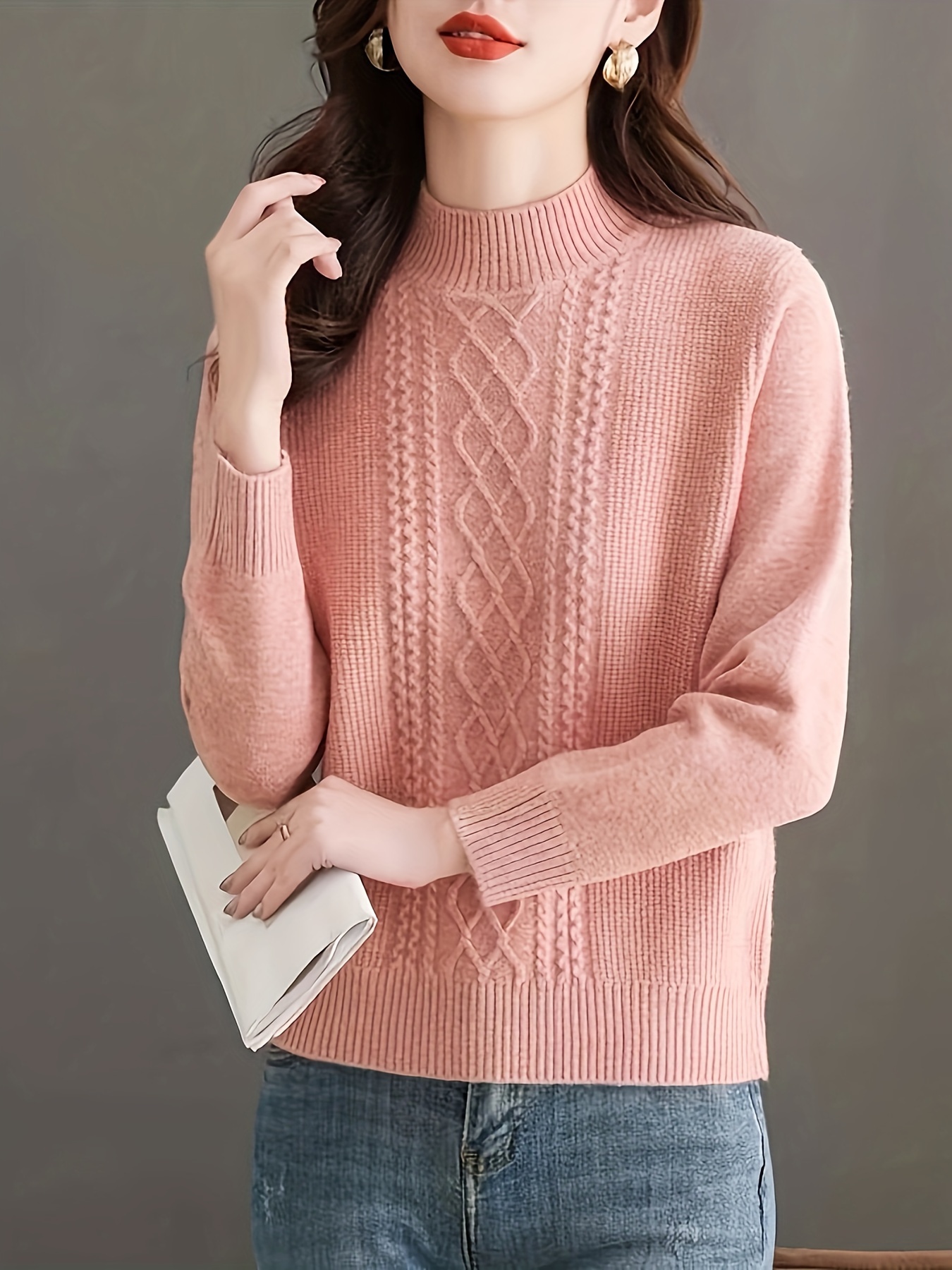 Argyle Cable Knit Mock Neck Sweater, Casual Long Sleeve Sweater For Fall & Winter, Women's Clothing - Image 9
