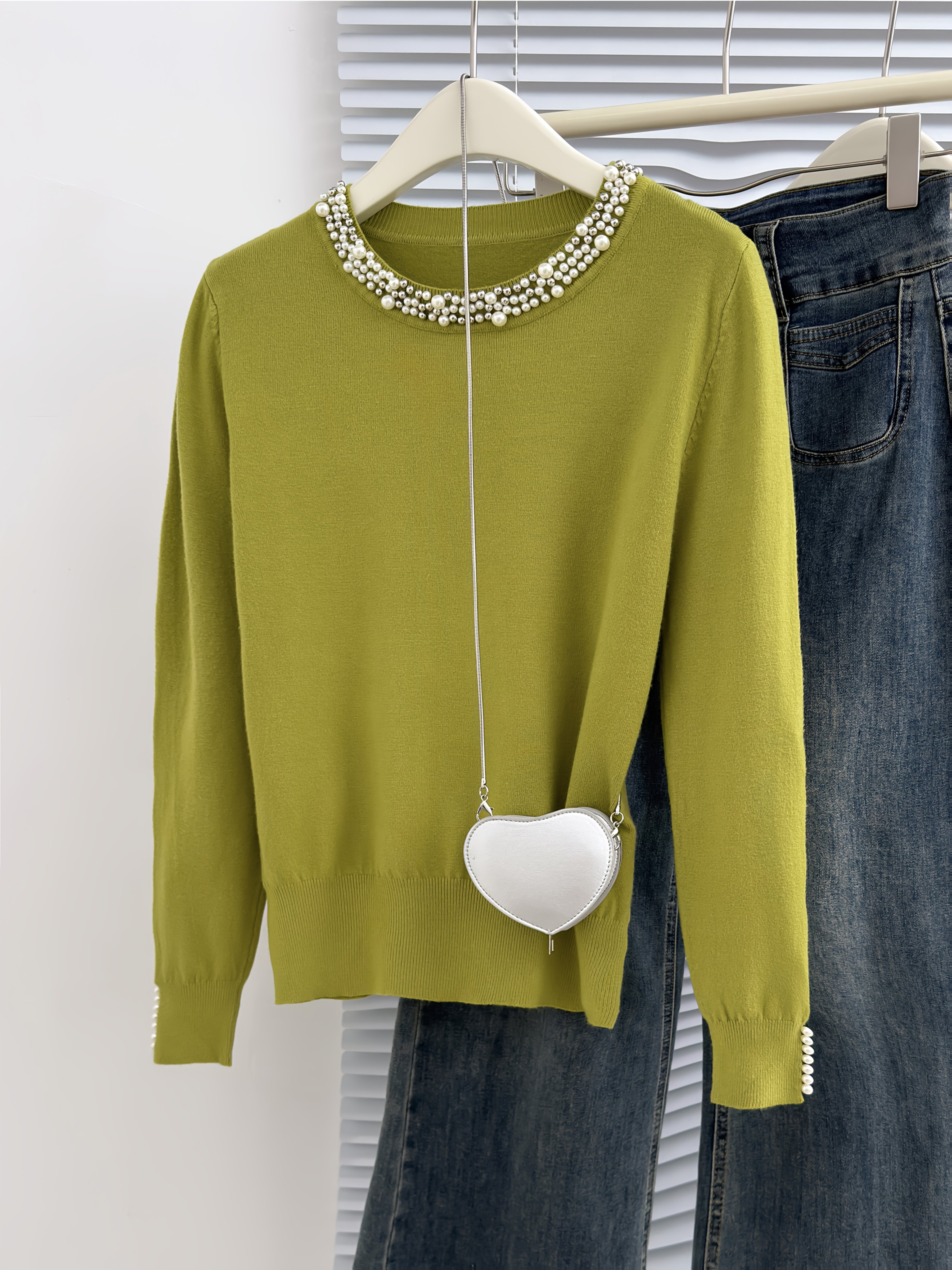 Women'S Elegant Long Sleeve Beaded Top - Olive Green Round Neck Pullover with Pearl Embellishments, Stretchy Casual Chic Sweater for Fall & Winter, Versatile Layering Piece, Winter Apparel | Pearl Embellished Top | Construction, Sweater Dress - Image 3