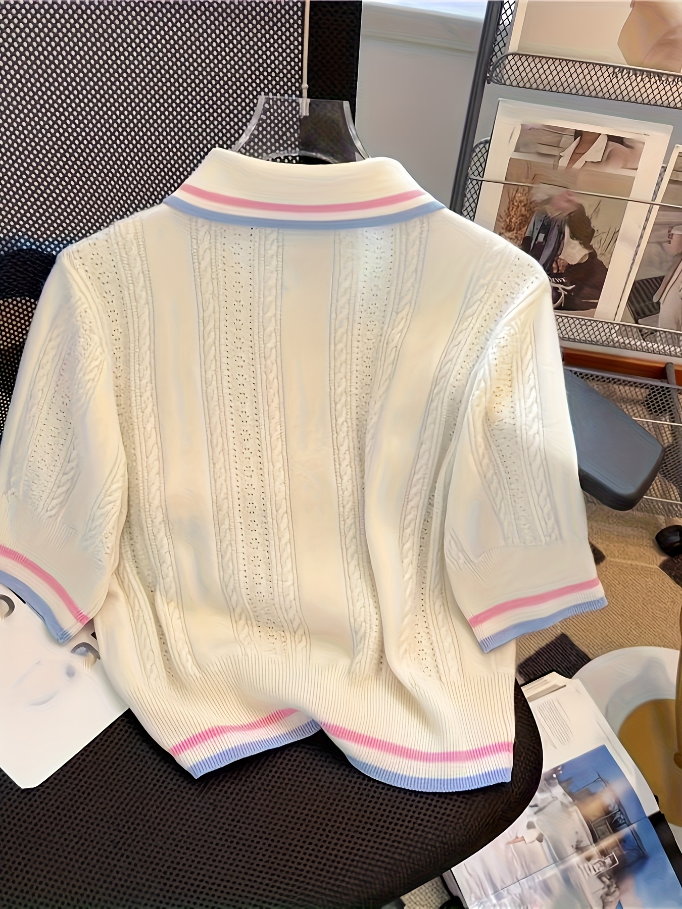 Elegant French-Style Polo Collar Top for Women | Summer New Release, Academy Casual Versatile, Striped Pattern - Image 2