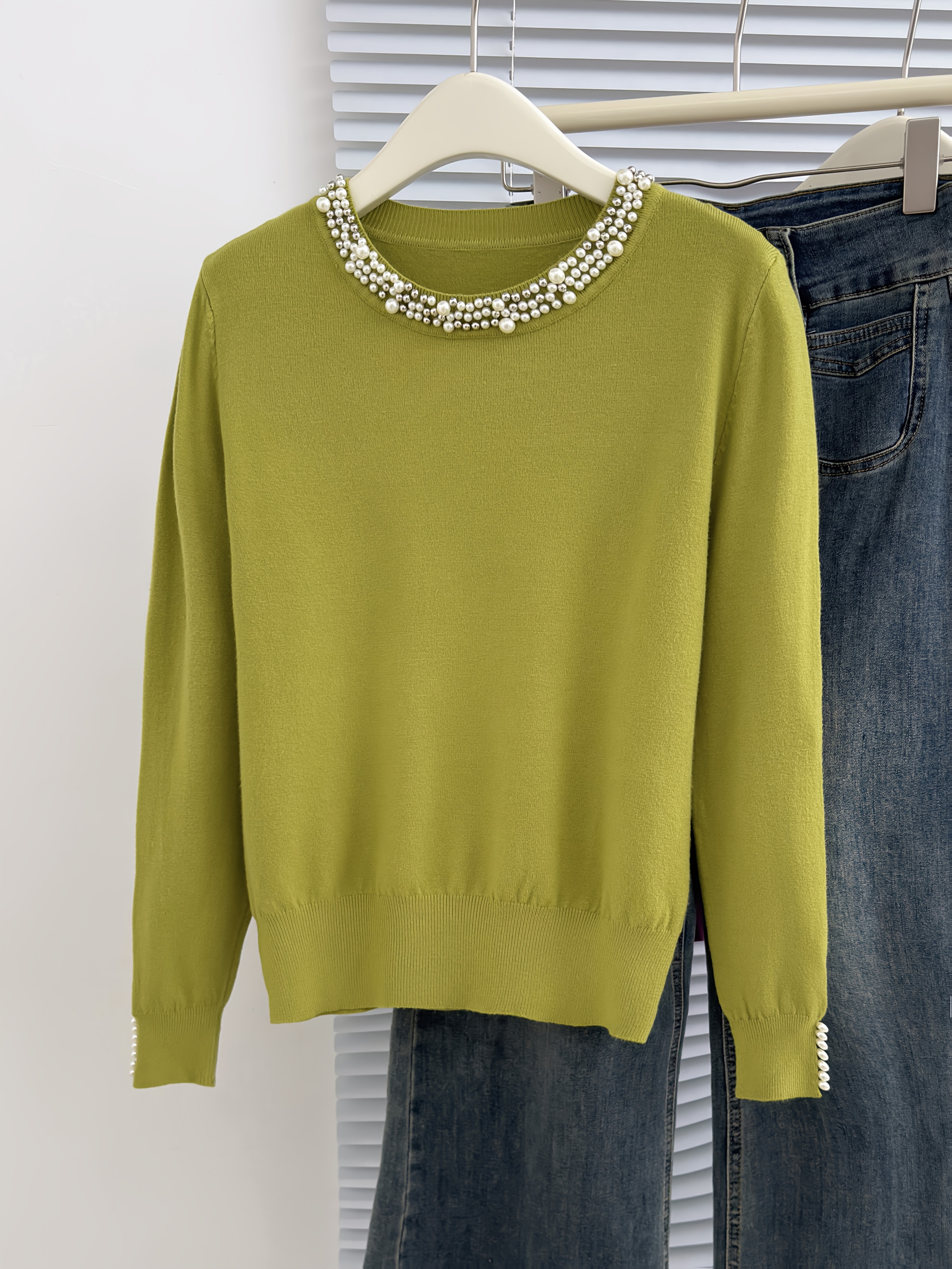 Women'S Elegant Long Sleeve Beaded Top - Olive Green Round Neck Pullover with Pearl Embellishments, Stretchy Casual Chic Sweater for Fall & Winter, Versatile Layering Piece, Winter Apparel | Pearl Embellished Top | Construction, Sweater Dress - Image 4