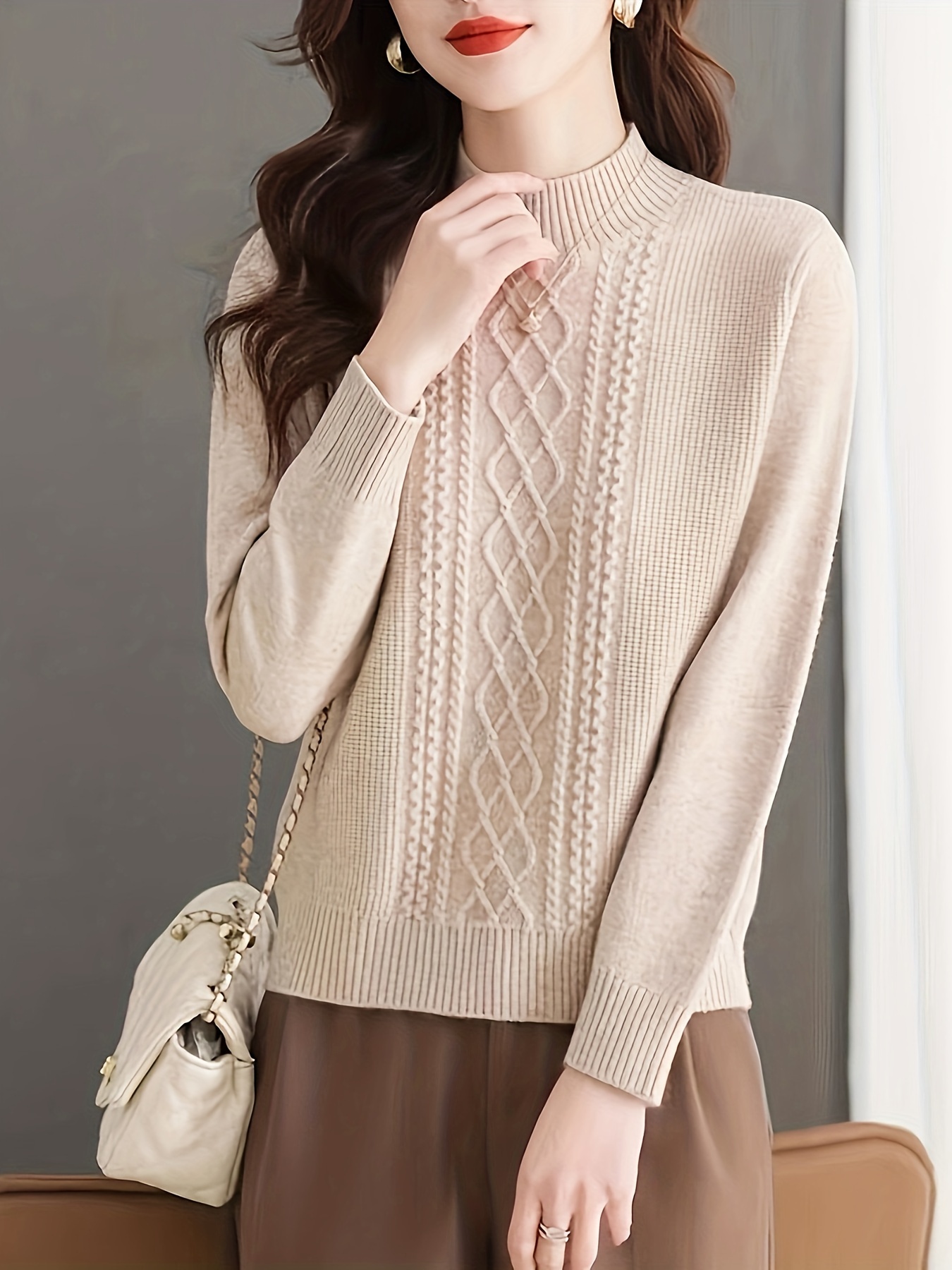 Argyle Cable Knit Mock Neck Sweater, Casual Long Sleeve Sweater For Fall & Winter, Women's Clothing - Image 10