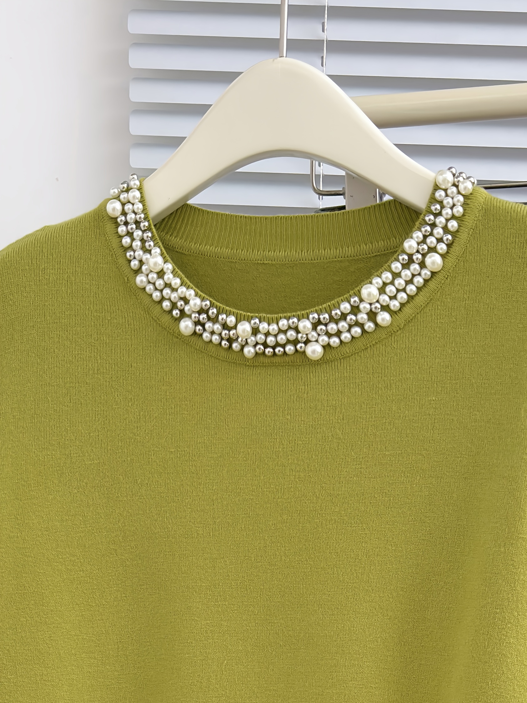 Women'S Elegant Long Sleeve Beaded Top - Olive Green Round Neck Pullover with Pearl Embellishments, Stretchy Casual Chic Sweater for Fall & Winter, Versatile Layering Piece, Winter Apparel | Pearl Embellished Top | Construction, Sweater Dress - Image 5