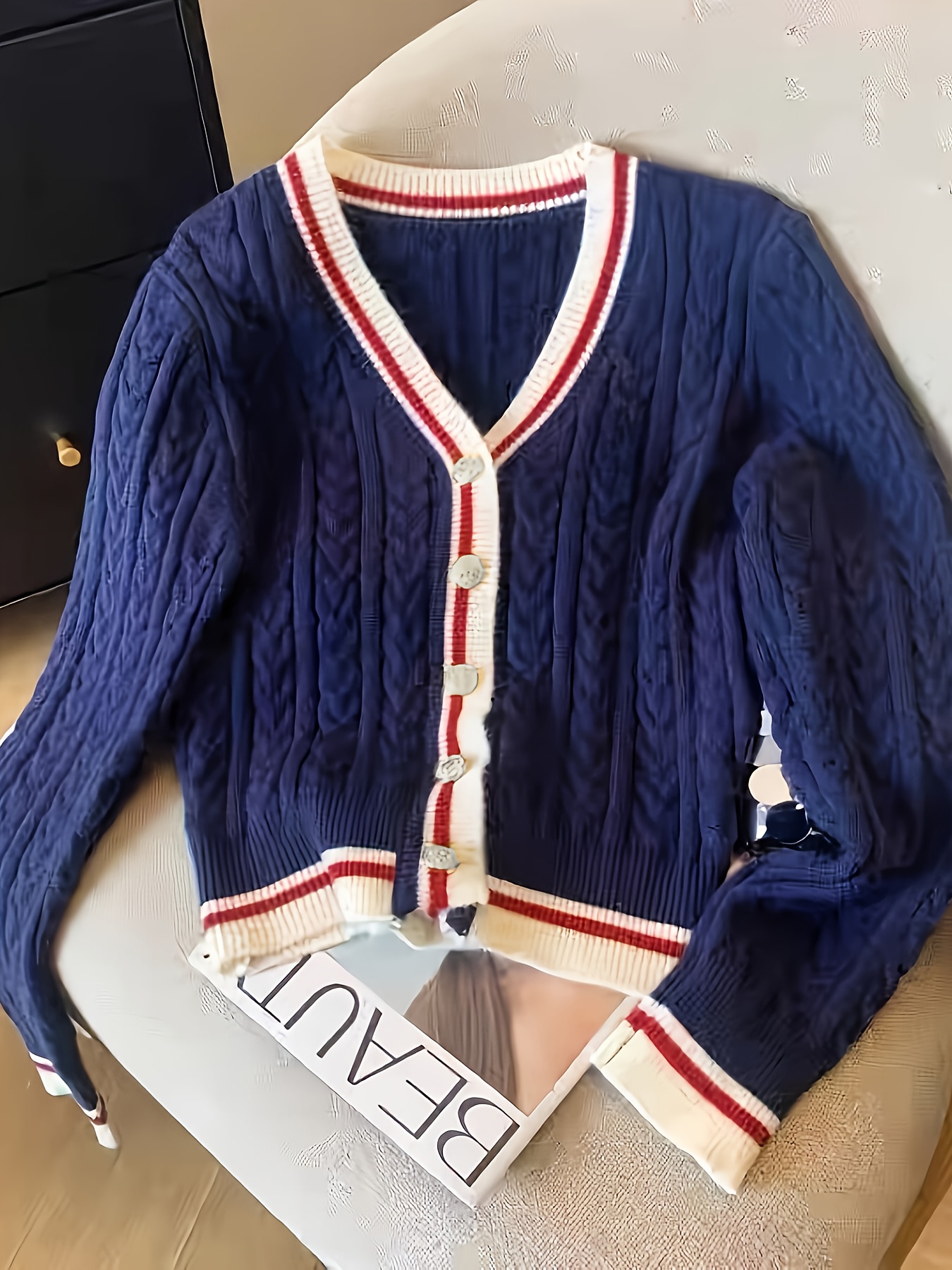 Elegant Women'S Cardigan | V-neck with Color Block Design, Long Sleeve, Medium Stretch Fabric, Suitable for Daily Commute and Streetwear