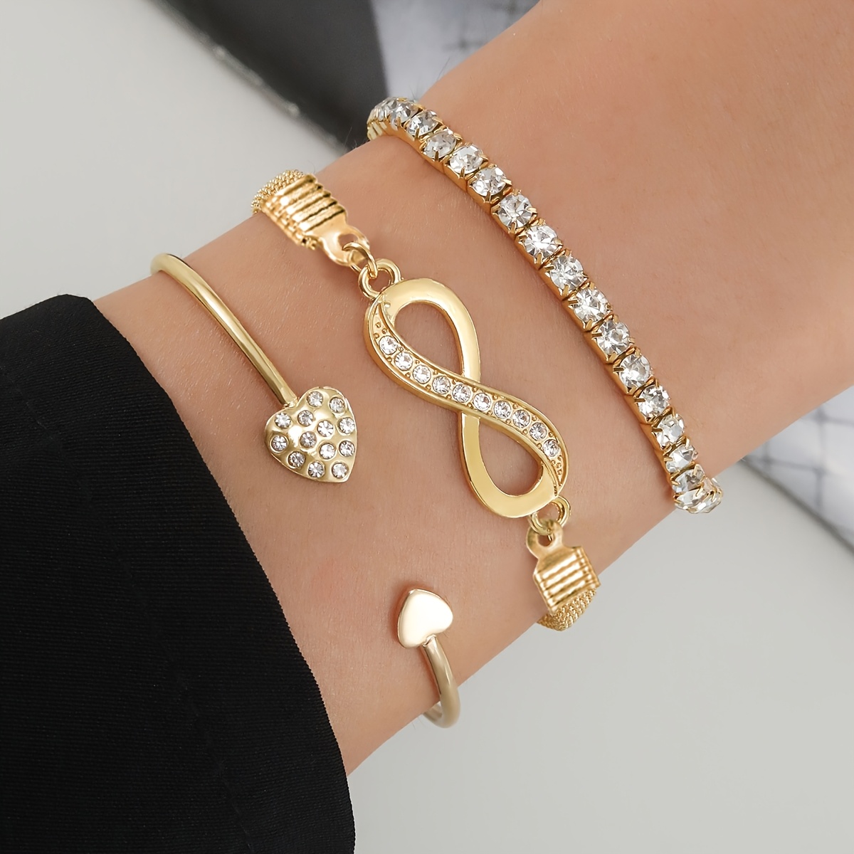 3-Piece Women’s Rhinestone Bracelet Set – Heart & Infinity Charm Bangles