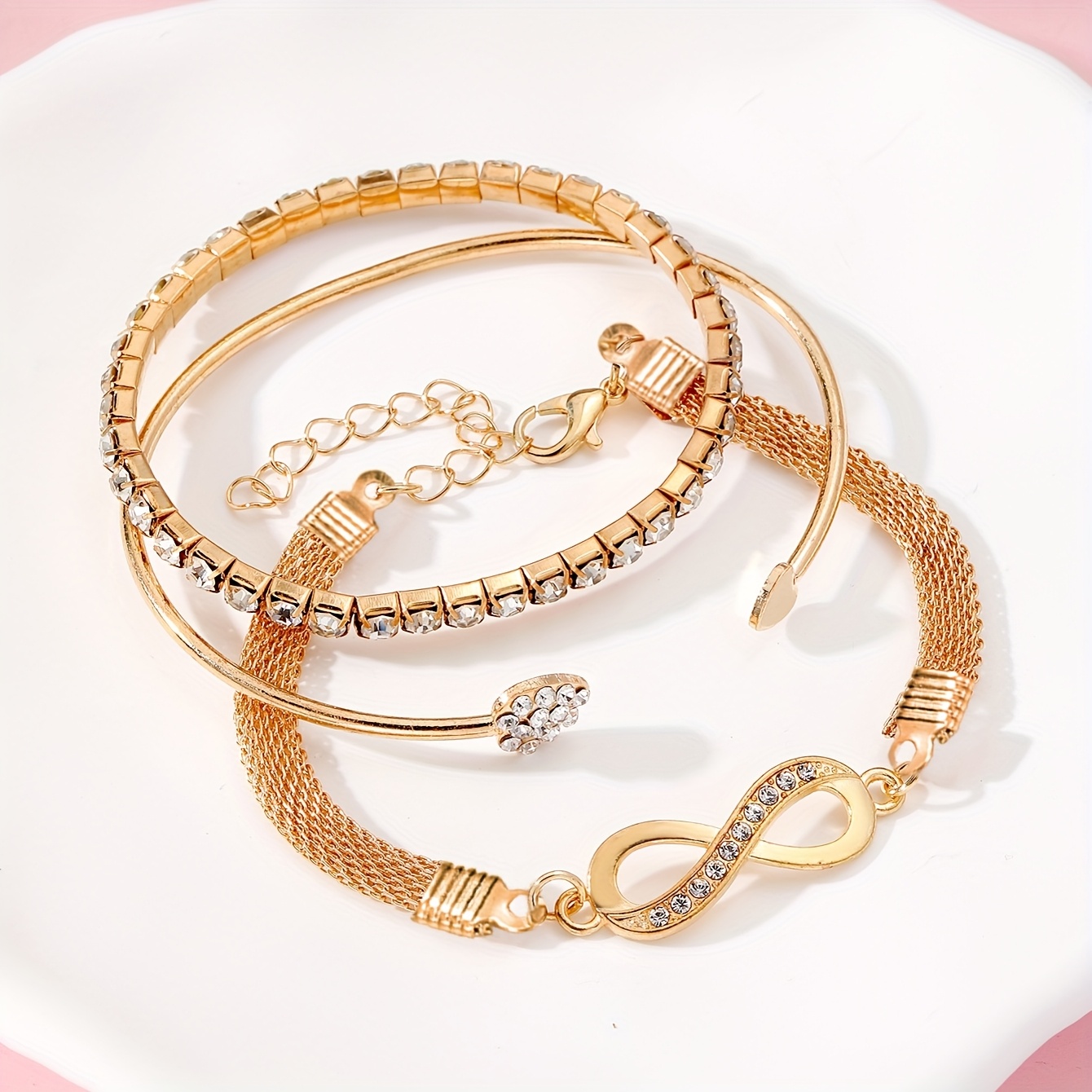 3-Piece Women’s Rhinestone Bracelet Set – Heart & Infinity Charm Bangles - Image 10