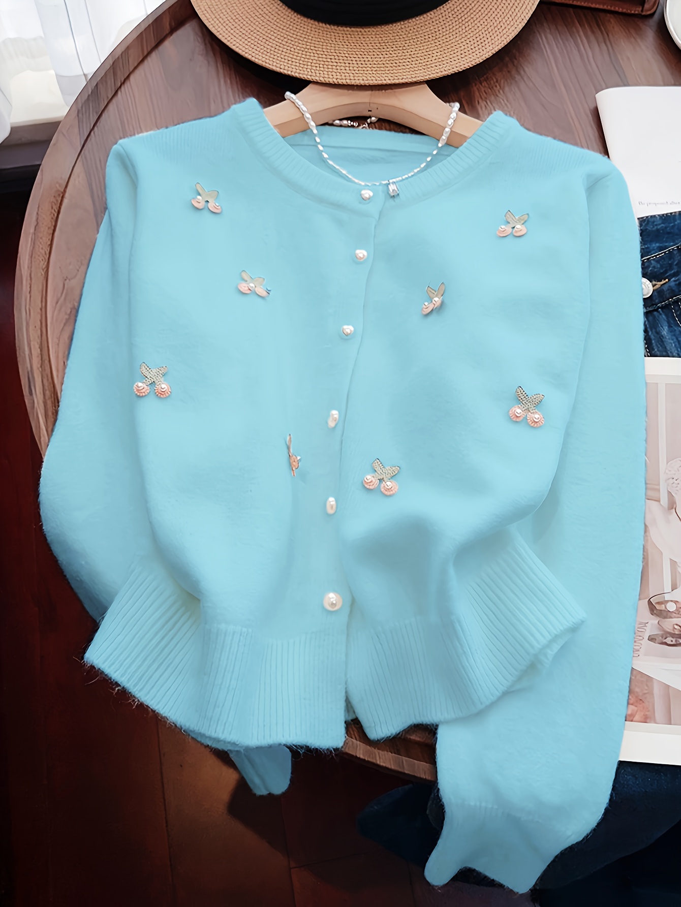 Ladies' Spring/Fall Solid Color Cardigan Sweater | Pearl Buttons, Cherry Decorations, French Style, Sweet and Elegant, Crew Neck, Loose Fit, Ideal for Commuting and Home Wear - Image 3