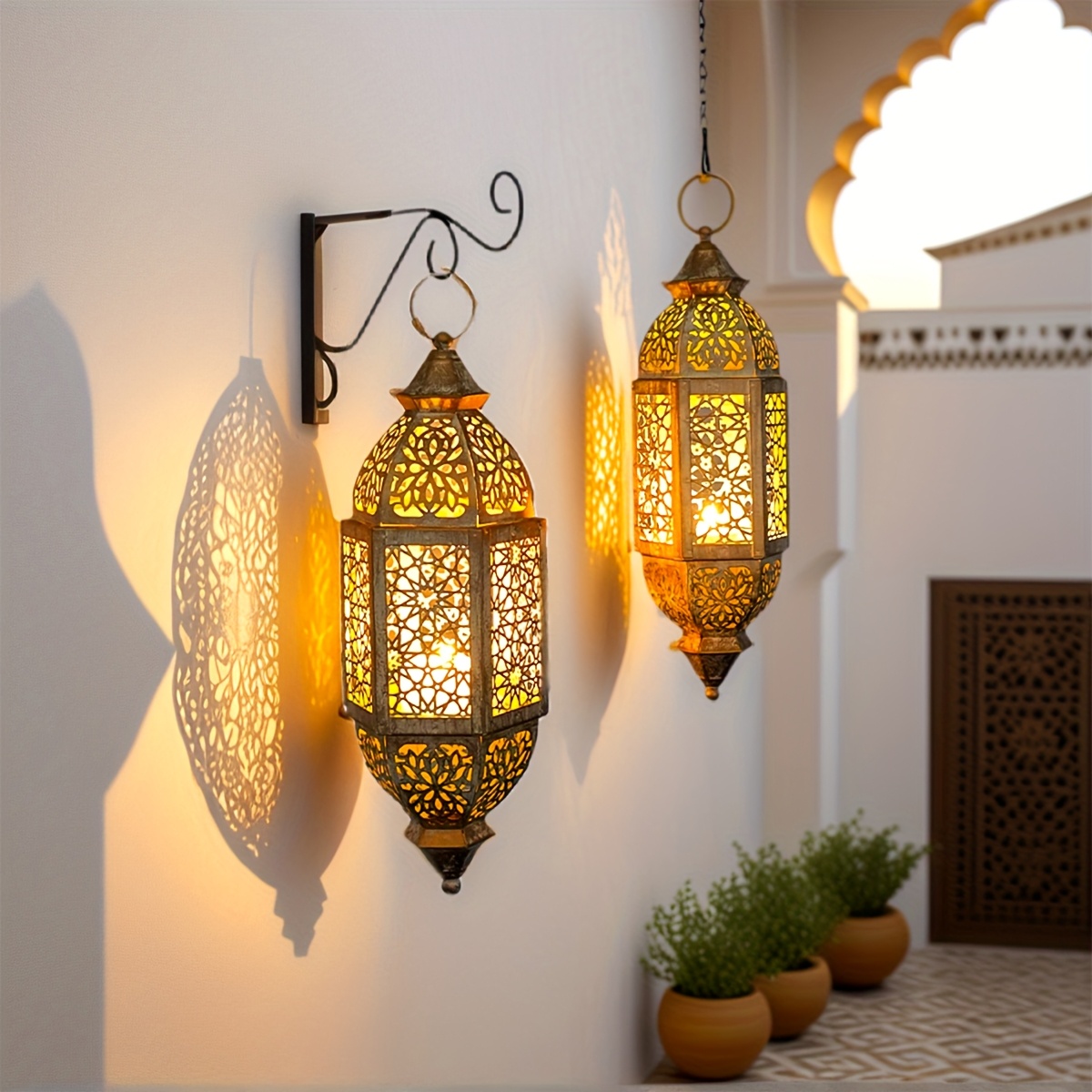 1pc/2pcs Moroccan iron hanging lantern candle holder (with chain, no candles)