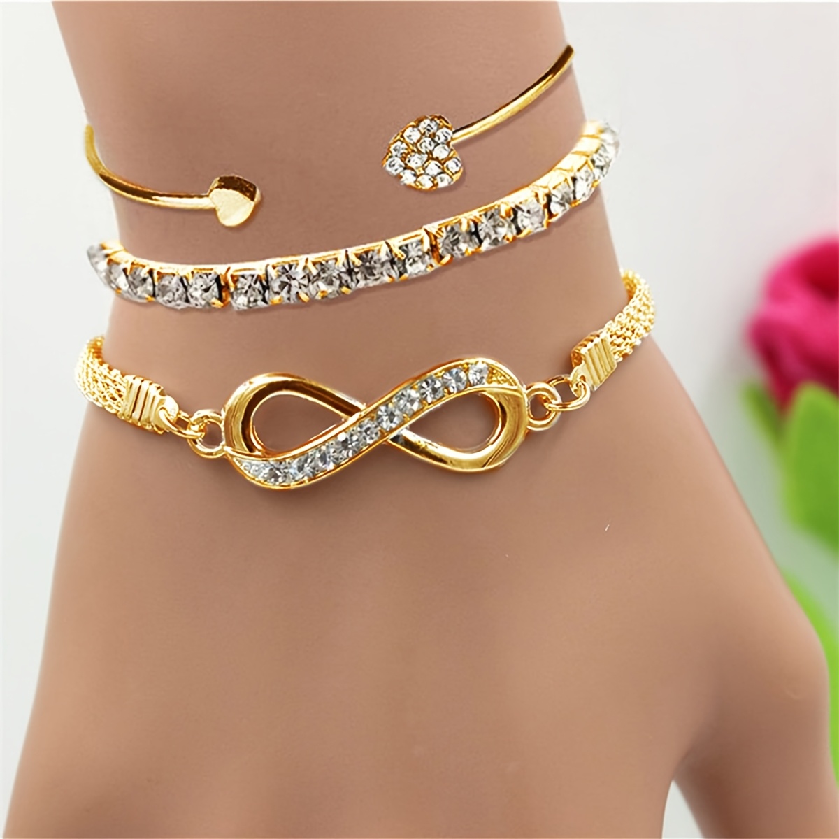 3-Piece Women’s Rhinestone Bracelet Set – Heart & Infinity Charm Bangles - Image 8