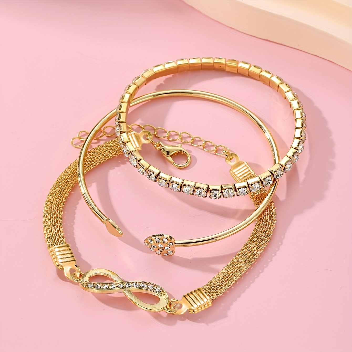 3-Piece Women’s Rhinestone Bracelet Set – Heart & Infinity Charm Bangles - Image 12