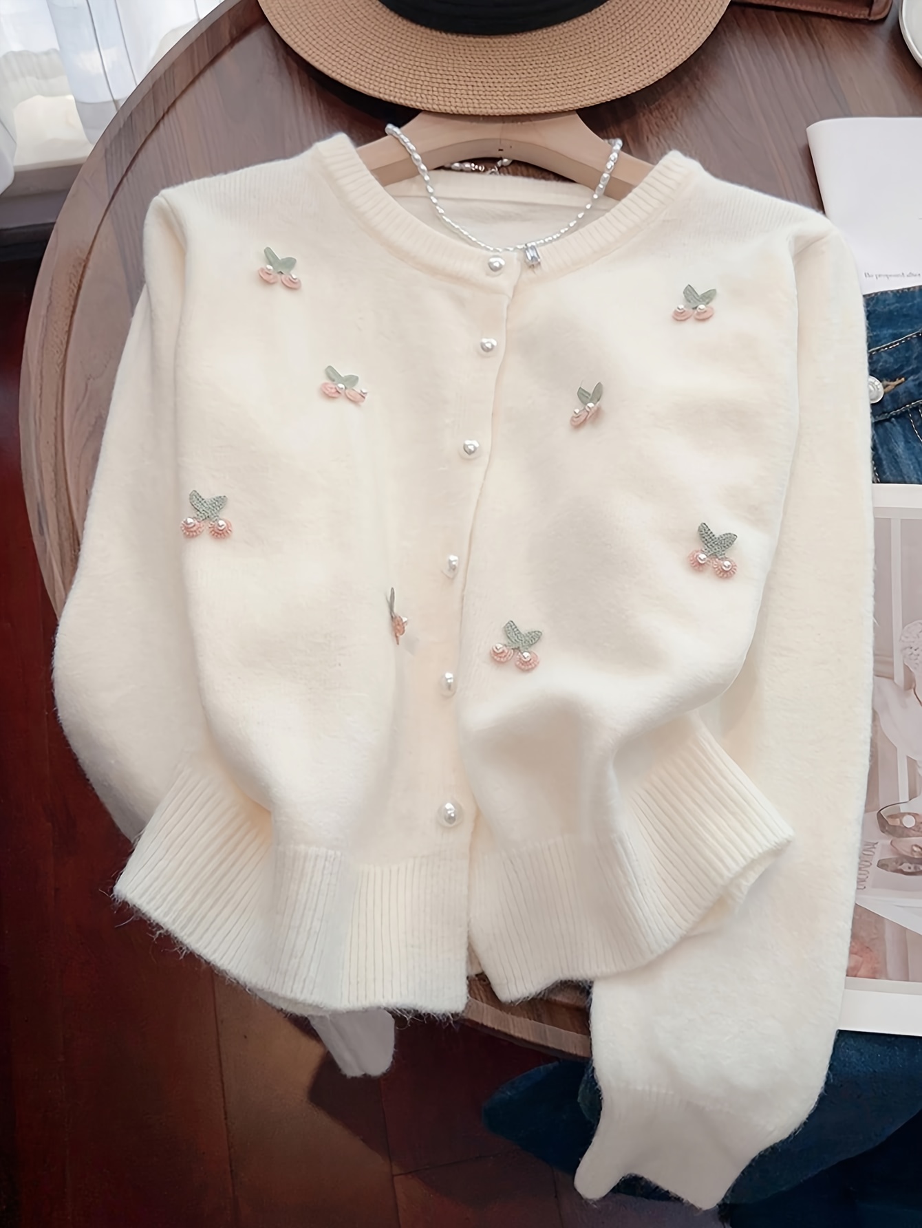 Ladies' Spring/Fall Solid Color Cardigan Sweater | Pearl Buttons, Cherry Decorations, French Style, Sweet and Elegant, Crew Neck, Loose Fit, Ideal for Commuting and Home Wear - Image 8