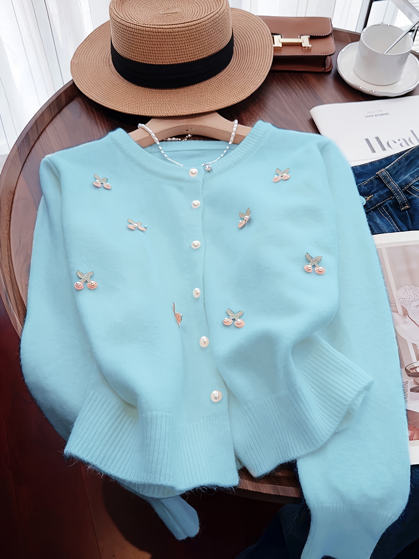 Ladies' Spring/Fall Solid Color Cardigan Sweater | Pearl Buttons, Cherry Decorations, French Style, Sweet and Elegant, Crew Neck, Loose Fit, Ideal for Commuting and Home Wear - Image 9