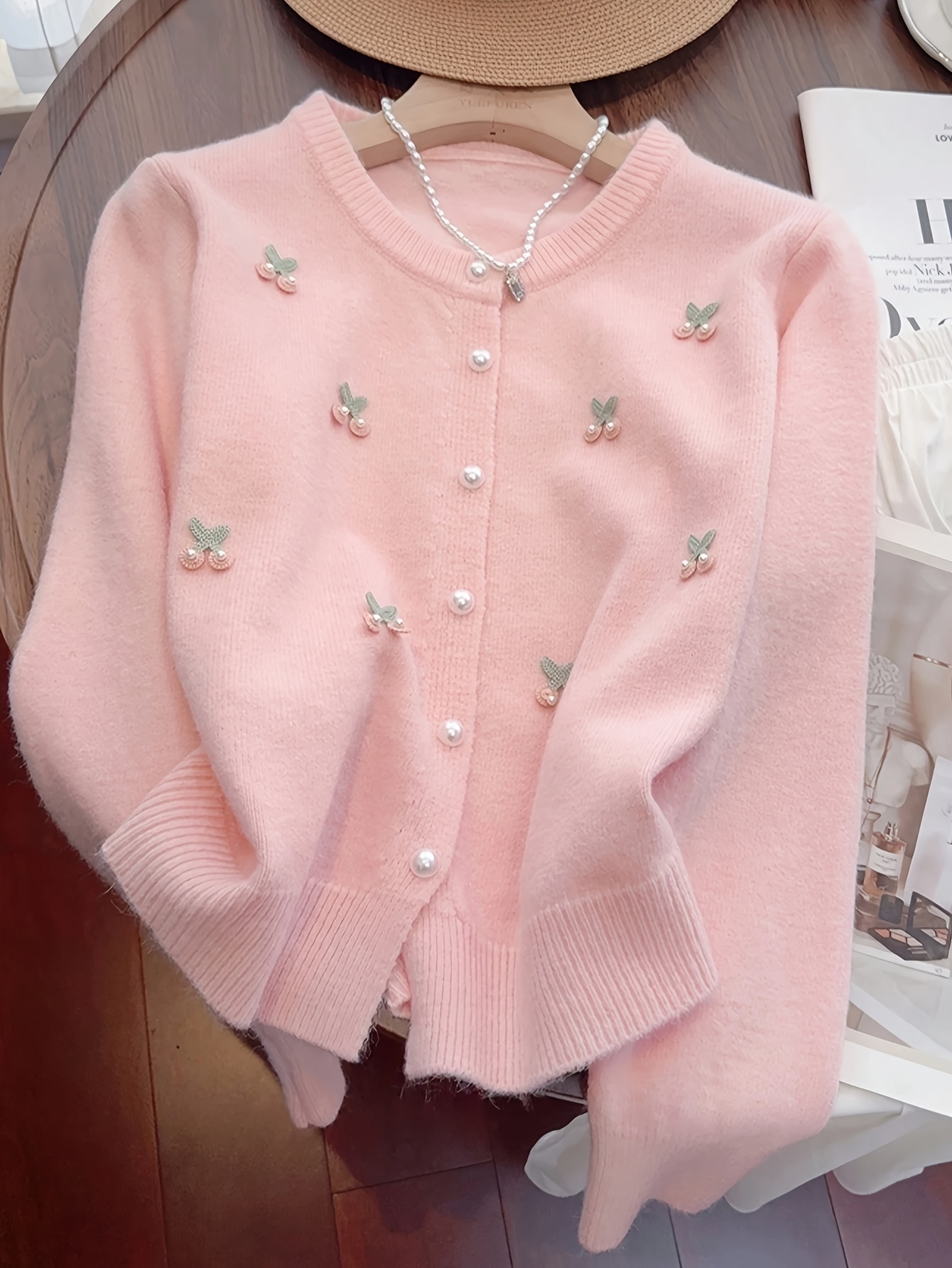 Ladies' Spring/Fall Solid Color Cardigan Sweater | Pearl Buttons, Cherry Decorations, French Style, Sweet and Elegant, Crew Neck, Loose Fit, Ideal for Commuting and Home Wear - Image 7